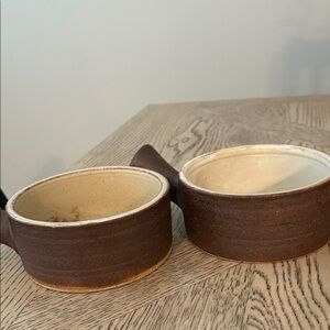 Pottery Barn Brown and Cream Soup Bowls with handles